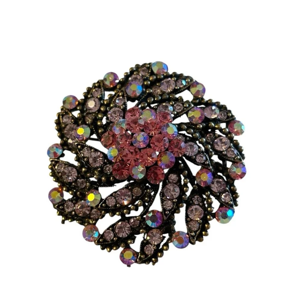 VTG Layered Flower Brooch Pin Pendant‎ Cluster Pink AB Rhinestones Spiral Domed